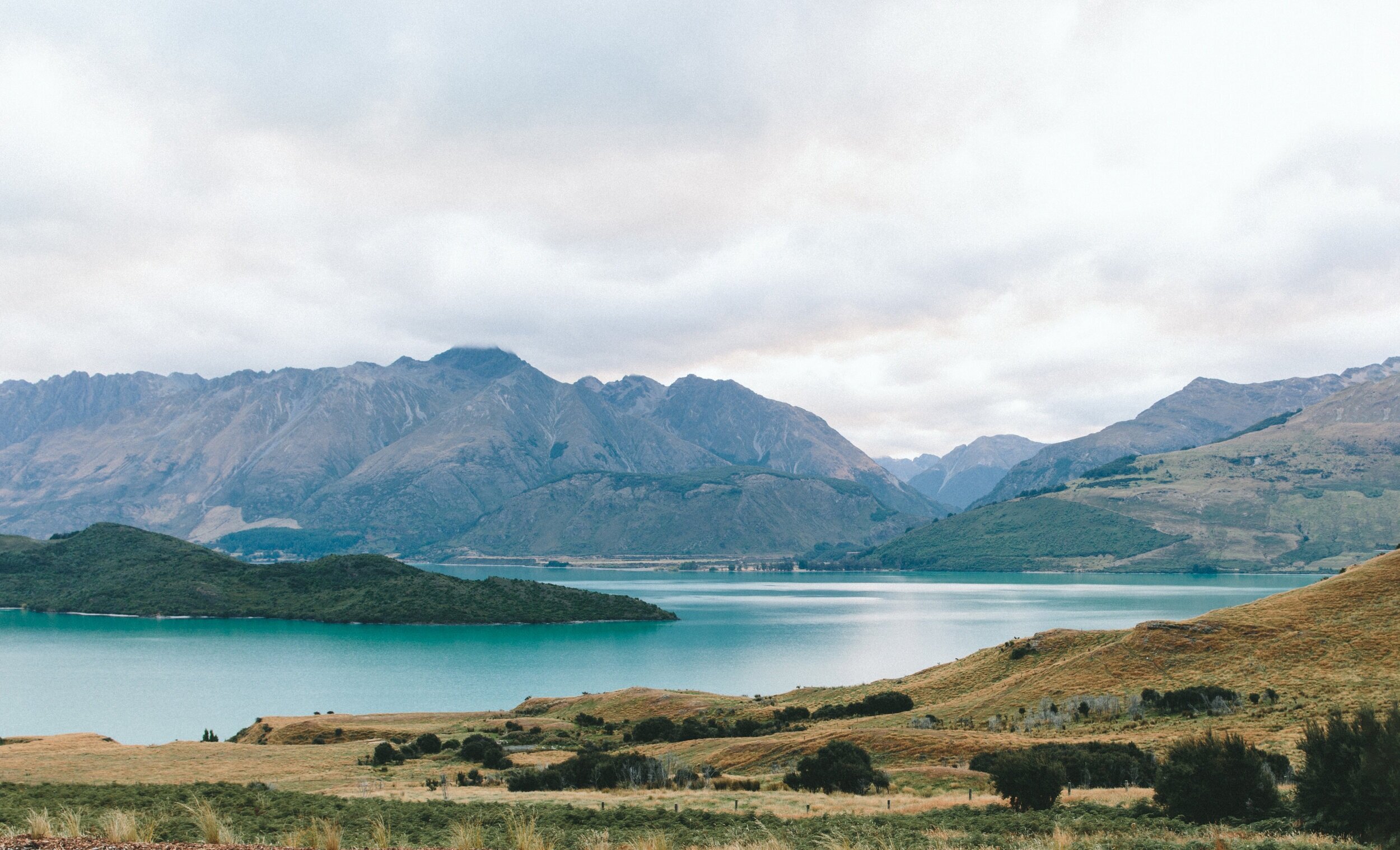 Scenic view of mountains and a lake with grassy hills and sparse trees in the foreground, overcast sky.